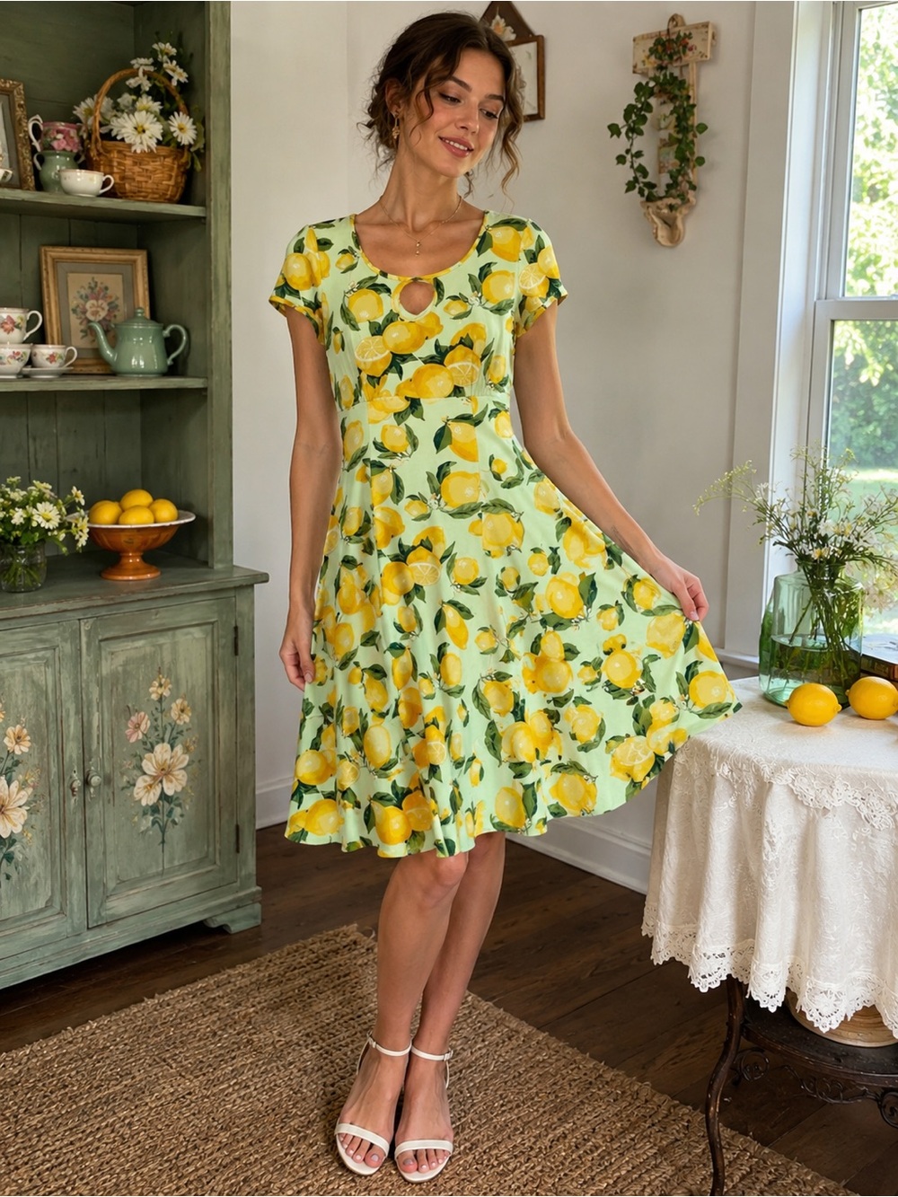 Y2K Lemon Print Fit Flare Dress Cottagecore Picnic Coquette Small